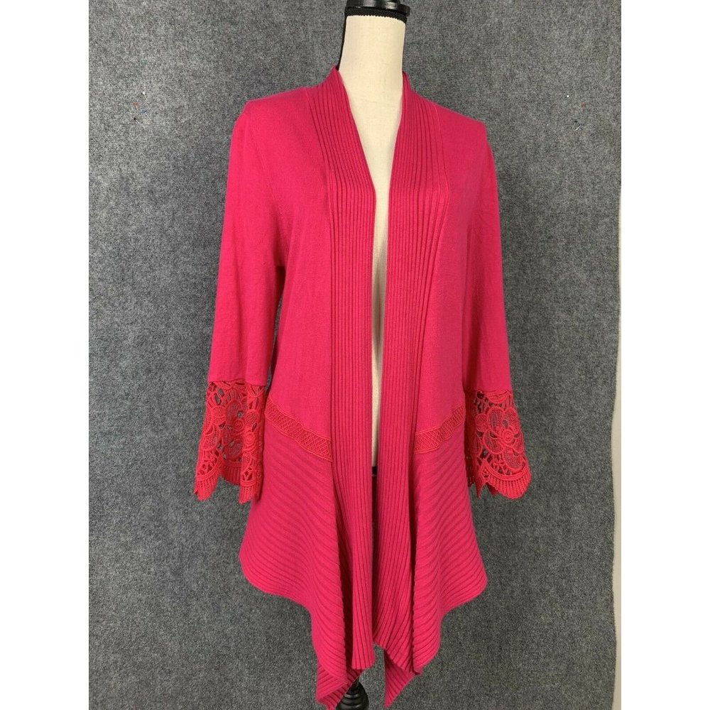 International Concepts Open Cardigan Women M Bright Pink Crochet Bell Sleeves